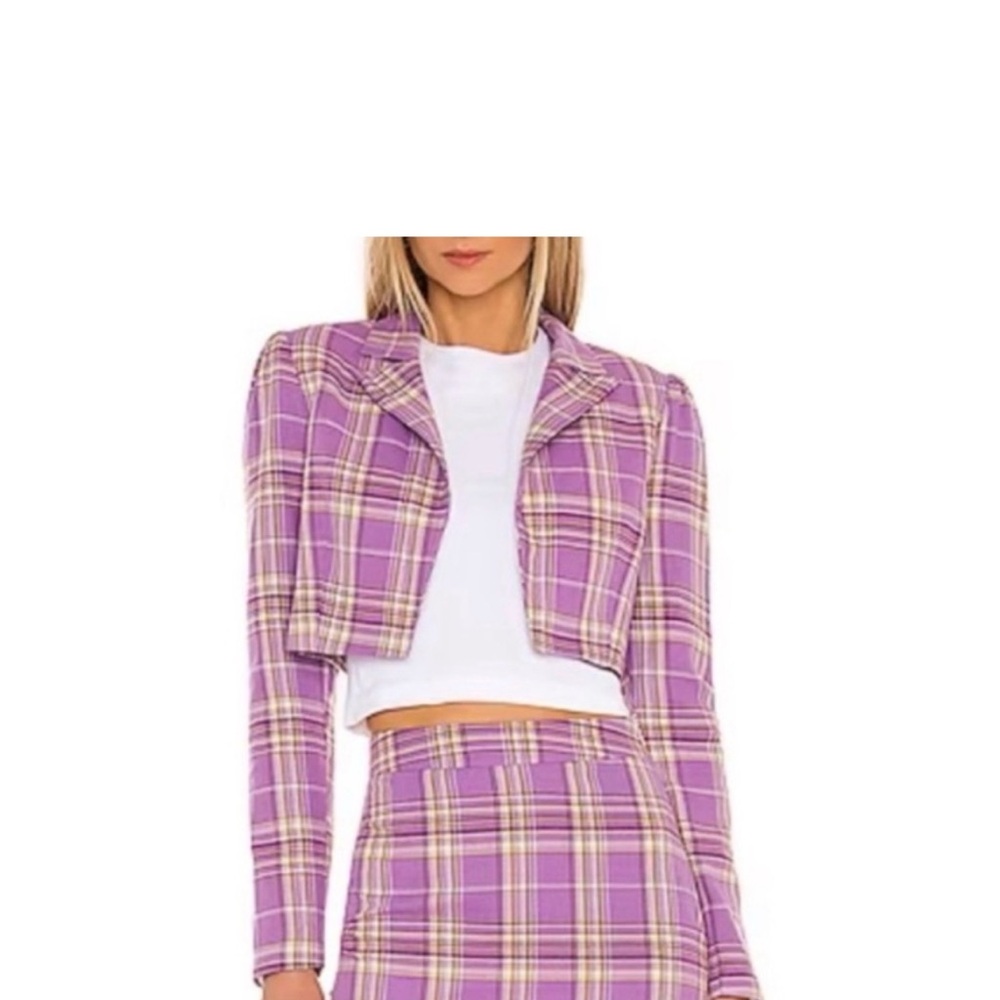 Super Down Cropped Purple Plaid Blazer and Mini Skirt